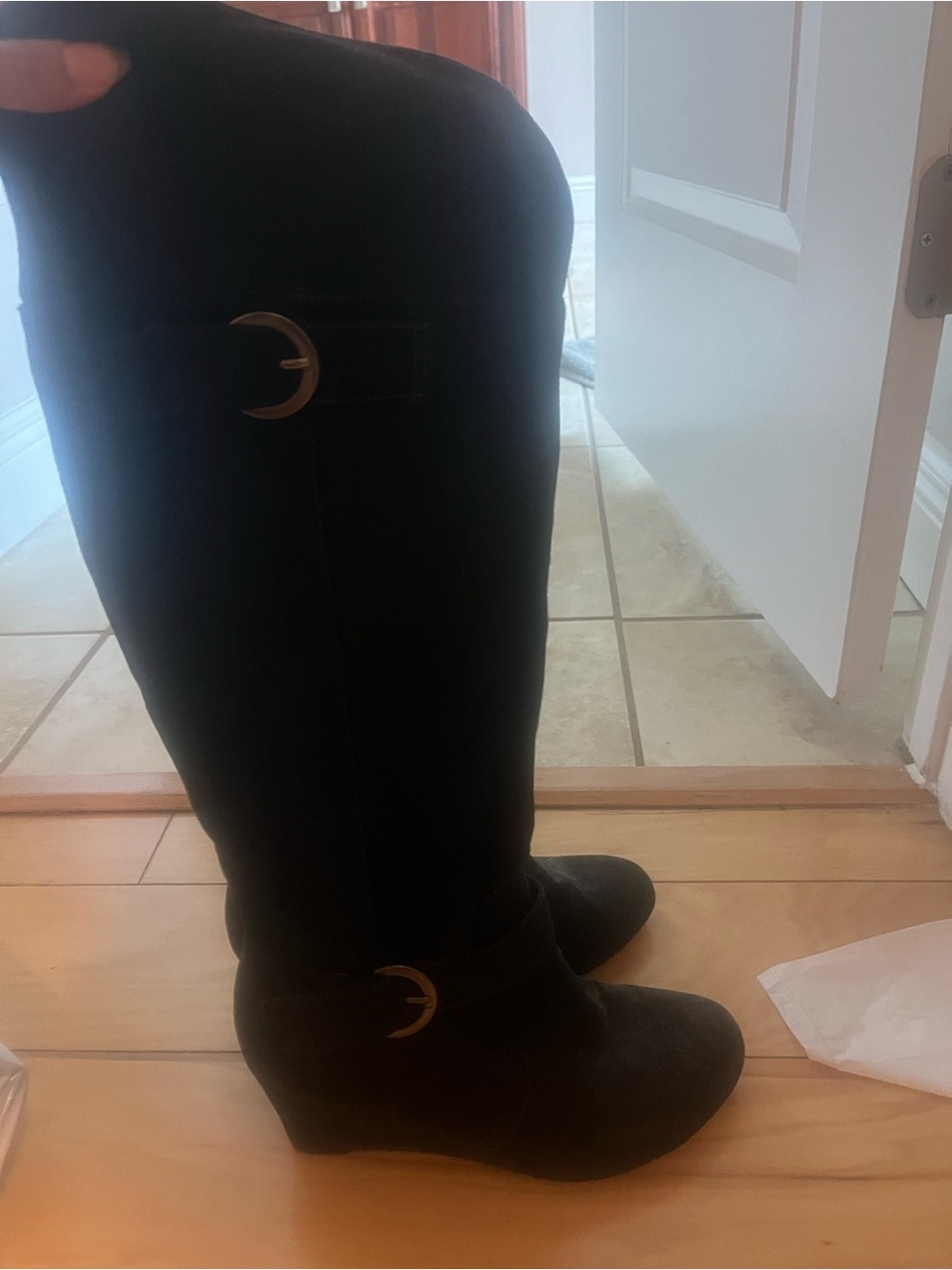 Black Knee-High Wedge Boots with Buckle Detail